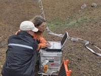 Zu sehen sind Mitarbeiter, die gerade eine Schachtpinge mit einer geoelektrischen Messung untersuchen. Die Messung erlaubt Rückschlüsse über die Tiefe der Pinge.