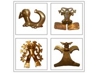 Compilation of photographs of four animal or human-shaped metal figures. 