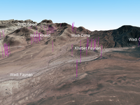 Das Bild zeigt die dreidimensionale Perspektive über die Bergbaulandschaft um die Khirbe von Faynan. Die Abbildung wurde aus Daten von Ikonos-Satellitenaufnahmen und solchen von Aster DEM hergestellt. Violette Stäbchen markieren die Bergbaugebiete von Qalb Ratiye, Wadi Abiad und in den unteren Wadis Khalid und Dana. Größere Schmelzplätze befinden sich in der direkten Umgebung der Khirbe von Faynan und im Wadi Ghuwair. Im Vordergrund ist auch das gewaltige Feld- und Bewässerungssystem unterhalb des Wadi Faynan zu sehen.