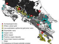 Karte Costa Ricas mit geologischen Einheiten, und mit Symbolen für verschiedene Typen gold- und kupferführender Lagerstätten und für archäologische Fundstellen.